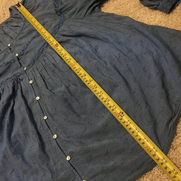 Blue Plentiful Pleats Billowing Sleeve Lace and Floral Texture Button Up Blouse - Picture 15 of 16